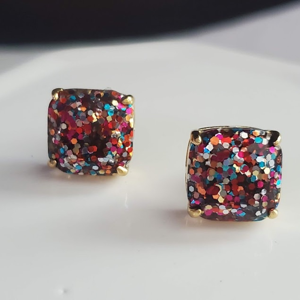 Kate Spade New York Large Gumdrop Stud Earrings Multi Glitter WBRU9356 Gold Tone - Picture 5 of 8